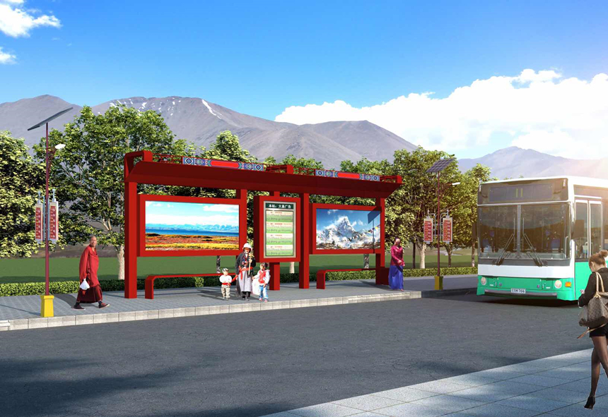 【2019年4月13日】拉薩候車亭安裝完工，“中國(guó)紅”候車亭展現(xiàn)不一樣的中國(guó)風(fēng)